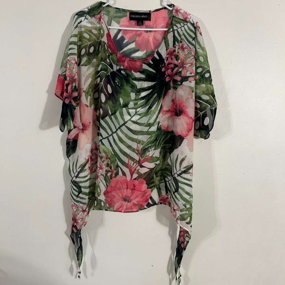 Colleen Lopez Tropical Floral Sheer‎ Blouse Womens Top M Pink Green Boho